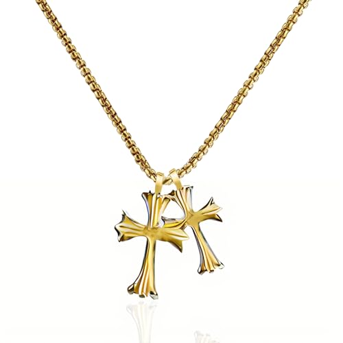 SHINYY Double Cross Necklace for Women and Men | Goth Punk Double Pendant Necklace | Gothic Grunge Religious Jewelry for Him Her - color: Gold 2