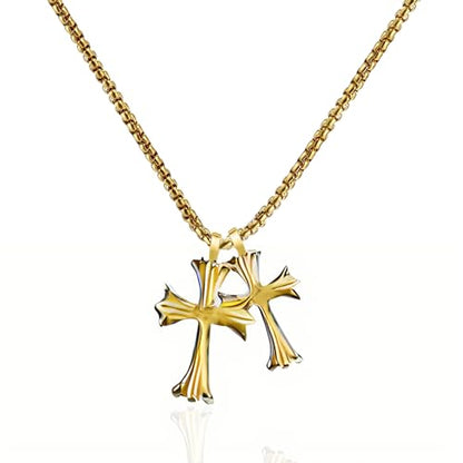 SHINYY Double Cross Necklace for Women and Men | Goth Punk Double Pendant Necklace | Gothic Grunge Religious Jewelry for Him Her - color: Gold 2