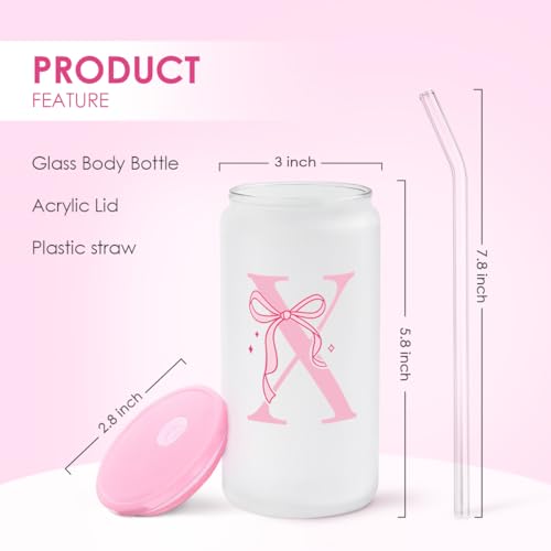 SANDJEST Monogrammed Glass Drinking Can Cup with Acrylic Lid and Straw, Personalized Frosted Iced Coffee Tumbler 16oz, Monogram Initial Gifts for Women Girls on Birthday (X) - color: X