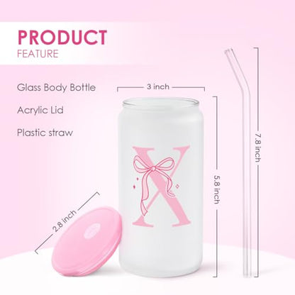 SANDJEST Monogrammed Glass Drinking Can Cup with Acrylic Lid and Straw, Personalized Frosted Iced Coffee Tumbler 16oz, Monogram Initial Gifts for Women Girls on Birthday (X) - color: X