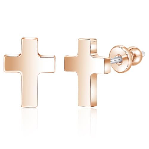 Limerencia Titanium Stud Earrings, Cross Earrings for Sensitive Ears - color: Rose Gold +Butterfly Back