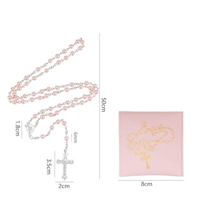 Rosary Beads Catholic, Rosary Necklace with Leather Pouch with Magnetic Top Bag for Men and Women Christian Gifts - color: Pink B