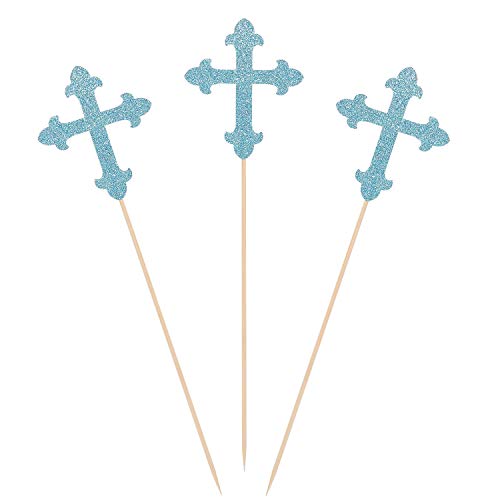 Blue Glitter Cross Centerpiece Sticks for Baptism Christening Party Decorations - Set of 10 - color: Blue