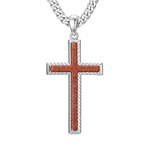 MRENITE Silver Natural Stone Cross Necklace, Classic Latin Cross Pendant Necklace for Unisex Women Man, Vintage Crystal Quartz Cross Necklace with 20+2 Inches Adjustable Cuban Chain - style: Red Sandstone