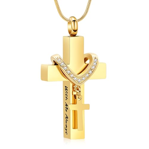 Cremation Jewelry for Ashes Pendant - Cross Urn Necklace with Mini Keepsake Urn Memorial Ash Jewelry - color: With Me Always-Gold