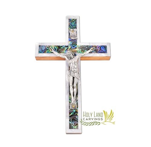 6 Inch Mother of Pearl Wall Crucifix Cross, Olive Wood Cross for Wall Covered with Mother of Pearl Made in the Holy Land