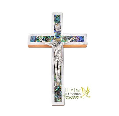 6 Inch Mother of Pearl Wall Crucifix Cross, Olive Wood Cross for Wall Covered with Mother of Pearl Made in the Holy Land