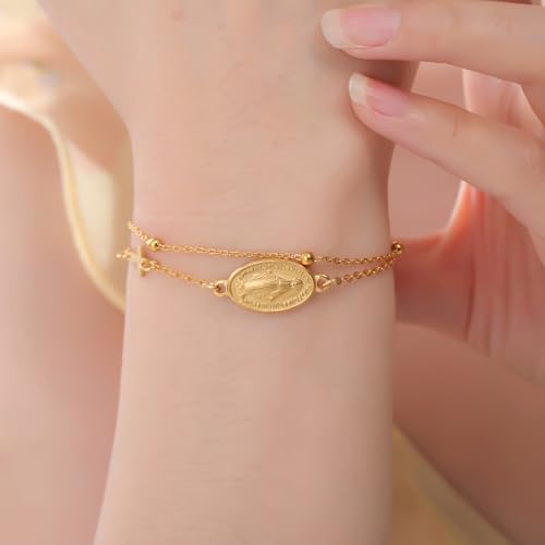 VASSAGO Virgin Mary Bracelet for Women Men Double-Sided Virgen de Guadalupe Rosary Bracelet Medal Handmade Braided Rope Catholic Christian Religious Jewelry Gift - color: Gold 8