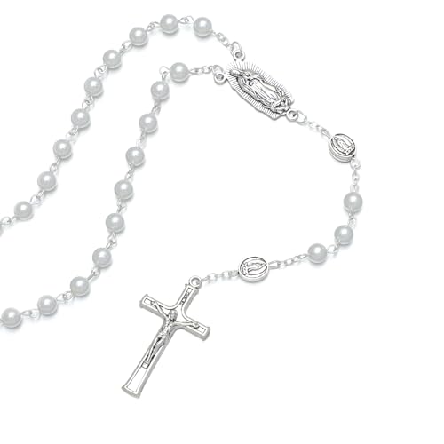 KOMI 6mm Glass Pearl Rosary Beads Catholic for Women with Metal Rosary Box Religious Gifts - style: Guadalupe-white