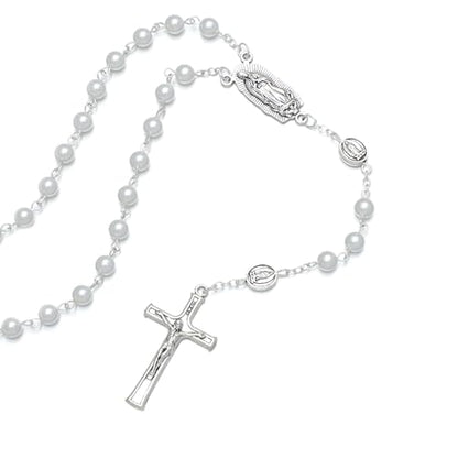 KOMI 6mm Glass Pearl Rosary Beads Catholic for Women with Metal Rosary Box Religious Gifts - style: Guadalupe-white