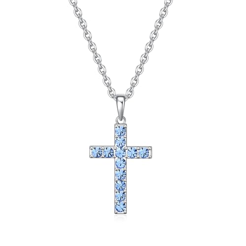 Birthstone Cross Necklace for Women,First Communion Gifts Easter Baptism Cross Jewelry Pendant Gift - color: 09September-Sapphire Blue