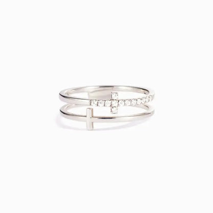 Double Cross Ring 18k Gold Plated 925 Sterling Silver Cubic Zirconia Simple Plain Stackable Statement Promise Rings Inspiration Christian Ring Faith Hope Love Cross Religious Ring Gift (Silver 7#) - color: silver, size: silver 7#