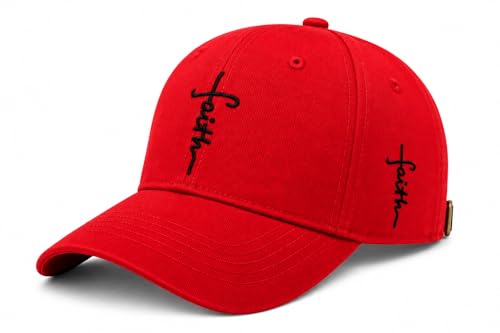 Christian Faith Cross Hats, Embroidered Baseball Caps for Men & Women - color: Red