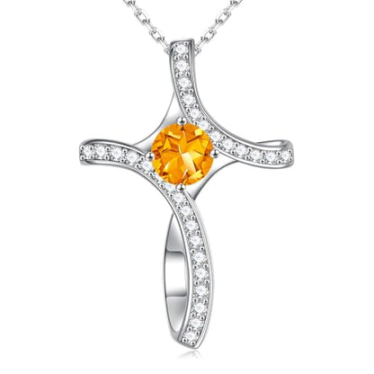 Iefil Cross Necklace for Women - Birthstone Necklace for Women Wife Her - color: 11-November-Citrine Yellow