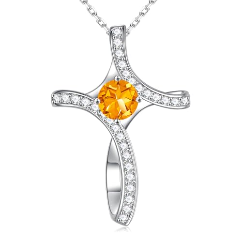 Iefil Cross Necklace for Women - Birthstone Necklace for Women Wife Her - color: 11-November-Citrine Yellow