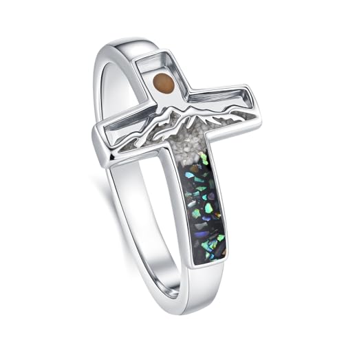 Mustard Seed Ring 925 Sterling Silver Turquoise/Opal/Malachite/Abalone Mountain Cross Ring Jewelry Gift for for Women Girlfriend - style: Abalone&Turquoise