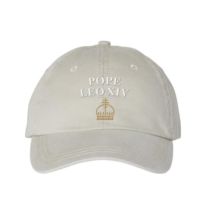 Pope Leo XIV with Crown Embroidered Baseball Cap Adjustable Cotton Dad Hat Pigment-Dyed - color: Stone
