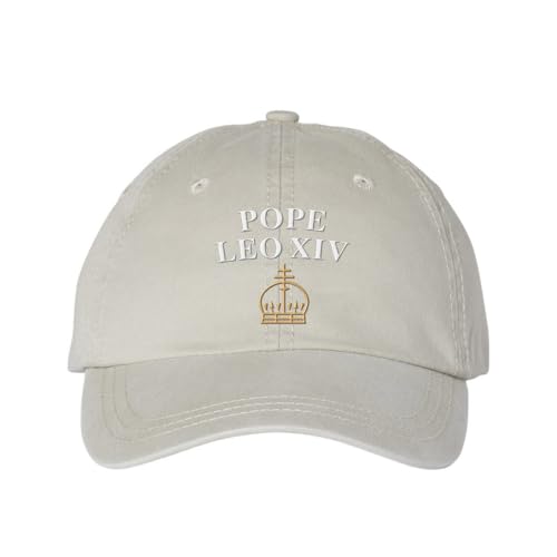 Pope Leo XIV with Crown Embroidered Baseball Cap Adjustable Cotton Dad Hat Pigment-Dyed - color: Stone