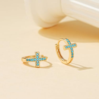 LOYATA Gold Cross Earrings for Women-14K Gold Plated Small Hoop Huggie Earrings Dainty Trendy CZ Cross Hoop Earring Cute Hypoallergenic Hoops Jewelry Gifts for Women Mothers Day Gifts for Mom - color: Turquoise