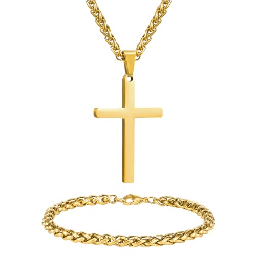 NORBU Stainless Steel Cross Necklace and Bracelet Set for Men, Cuban Link - color: Gold Wheat