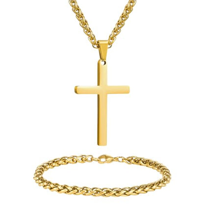 NORBU Stainless Steel Cross Necklace and Bracelet Set for Men, Cuban Link - color: Gold Wheat