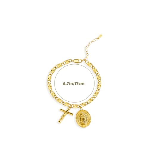 Catholic Rosary Bracelet with Our Lady of Graces Medal and Crucifix Charm, 18K Gold Plated