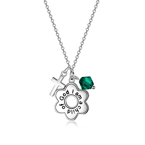 AOBOCO 925 Sterling Silver I Am a Child of God Daisy Necklace Jewelry Birthday Birthday Baptism Communion Gifts for Girls - color: Simulated Emerald