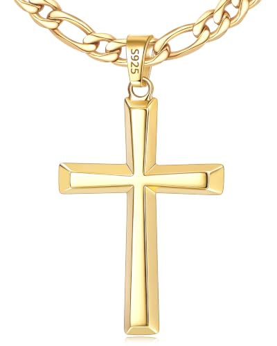 925 Sterling Silver Cross Necklace for Men with 5mm Figaro Chain - color: Gold, size: 20 inches