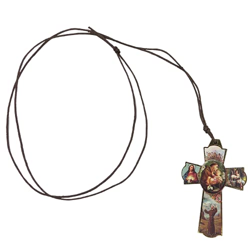 Needzo Saint Anthony Wood Cross Pendant with Sacred Heart and Cherub Angels on Cord, Catholic Necklace Jewelry for Men, 2 1/4 Inch