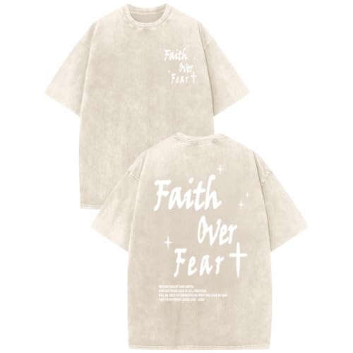 Christian Shirts for Men Faith Over Fear Acid Wash Tshirts Faith Religious Tees God Bible Verse Inspirational Tops - color: Apricot, size: Large