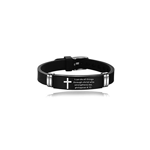 NanMuc With God All Things are Possible Religious Cross Bracelet Adjustable Engraved Silicone Bracelets Inspiring Gift - style: Black-I Can Do All Things