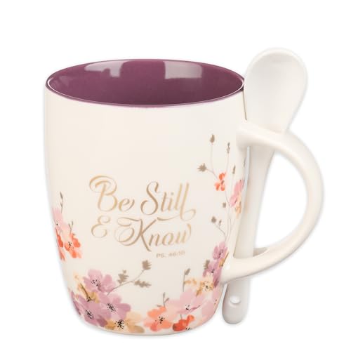 Christian Art Gifts Coffee and Tea Scripture Mug with Ceramic Spoon Set - color: Be Still/Purple