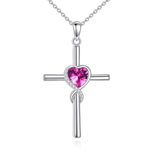 S925 Sterling Silver Cross Necklace for Women Birthstone Necklace Heart Infinity Cross Pendant Necklace Christmas Valentines Day Gifts Birthday Holiday Gifts for Her, 18"+2" Inches - color: 10-October Birthstone - Tourmaline