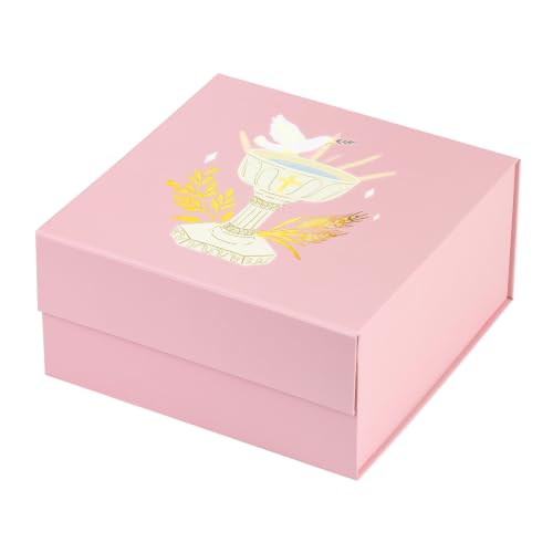RUSPEPA Pink Religious Gift Box with Magnetic Closure Lid, Gold Foil Chalice, Cross & Dove Design Collapsible Decorative Box for Baby Girl, Baptism, First Communion, Easter, 8 x 8 x 4 Inches, 1 Pcs - color: Pink Gold Foil Chalice