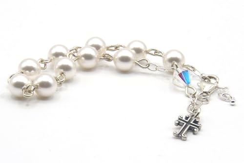 Catholic Communion Rosary Bracelet Created with Swarovski® Crystals, Glass - color: White Pearlized