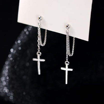 925 Sterling Silver CZ Moon Cross Heart Teardrop Chain Earrings for Women - color: Cross-Silver