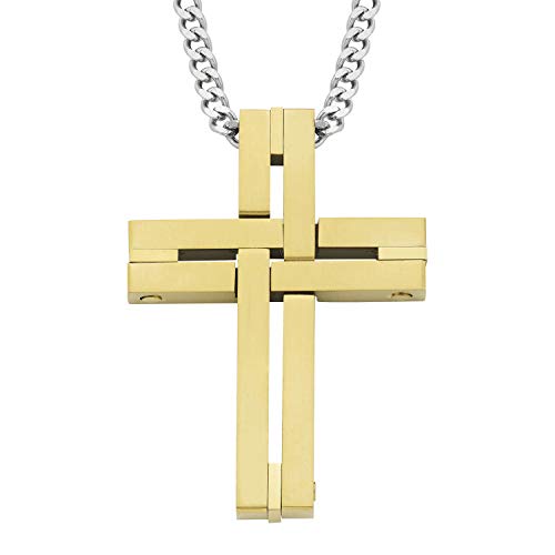 Men's Cross Pendant Necklace in 316L Stainless Steel Interlocking Woven Cross on 24” Curb Chain, Choice of Color - color: Yellow Gold Stainless Steel