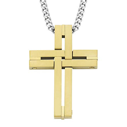 Men's Cross Pendant Necklace in 316L Stainless Steel Interlocking Woven Cross on 24” Curb Chain, Choice of Color - color: Yellow Gold Stainless Steel