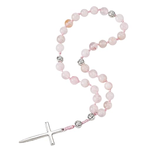SUPERFINDINGS Prayer Beads Rose Quartz Prayer Rosary Pink Natural Stone Rosary Beads with Cross 8mm Bead Anglican Rosaries for Catholic Christian Confirmation Gifts, Length:22.8cm/9in