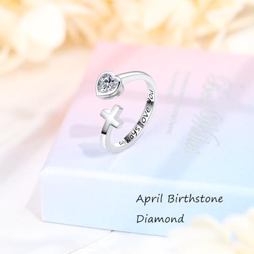 Adjustable Cross Ring for Women 925 Sterling Silver Fine Jewelry Gift for Her, Inspiration Christian Ring Faith Hope Love Cross Ring, Birthstone Ring - color: 04-Apr