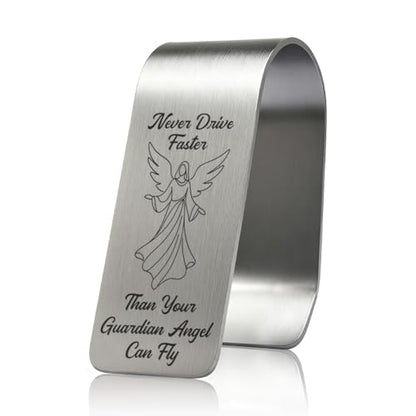 Never Drive Faster Than Your Guardian Angel Can Fly Engraved Stainless Steel Car Visor Clip, Funny Guardian Angel Safe Driving Gifts for Family Friend, Drive Safe Reminder Gifts - color: silver028