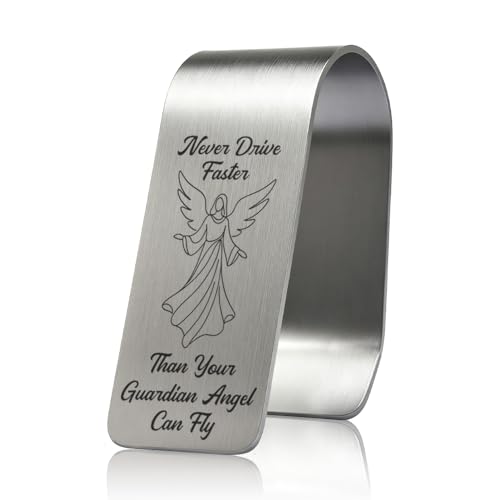 Never Drive Faster Than Your Guardian Angel Can Fly Engraved Stainless Steel Car Visor Clip, Funny Guardian Angel Safe Driving Gifts for Family Friend, Drive Safe Reminder Gifts - color: silver028