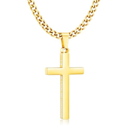 Gnamy Cross Necklace for Men Boys Stainless Steel Bible Verse Cross Pendant with Cuban Link Chain (22+2 Inches) | Christian Religious Jewelry Gifts - color: Gold, style: Joshua 1:9