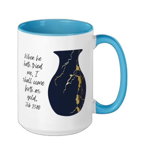 Bible Verse Jesus Christ Kintsugi Vase Gold Job Christian Ceramic Mug, Blue/White, 15oz - color: Blue/White, size: 15 Ounces