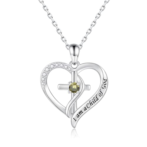 925 Sterling Silver I Am a Child of God Scripture Pendant with Birthstone Heart Cross Communion Necklace for Women Christian Faith Jewelry Gift - color: August