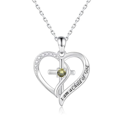 925 Sterling Silver I Am a Child of God Scripture Pendant with Birthstone Heart Cross Communion Necklace for Women Christian Faith Jewelry Gift - color: August