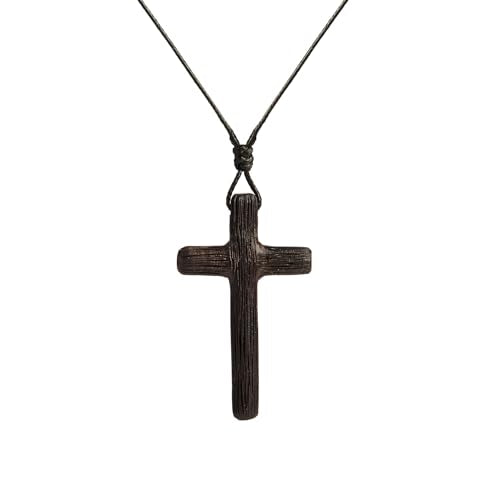 Men's Wooden Cross Necklaces Real Handcrafted Ebony Wood Cross Pendants With Leather Necklace Men's Black Cross Necklaces Christian Baptism Crucifix Pendant for Men （Integrated Wood Grain）