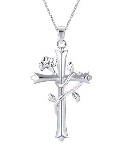 ACECHA Silver Cross Necklace for Women, Crosses Pendant with Birthflower - color: Z Carnation