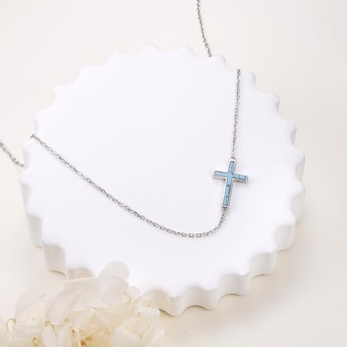 DAOCHONG S925 Sterling Silver Sideways Cross Choker Necklace 14+4 Inch - color: Silver-Created Turquoise