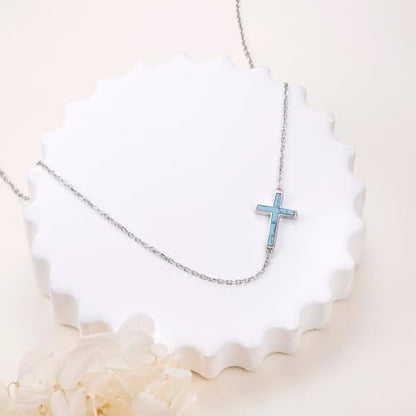 DAOCHONG S925 Sterling Silver Sideways Cross Choker Necklace 14+4 Inch - color: Silver-Created Turquoise